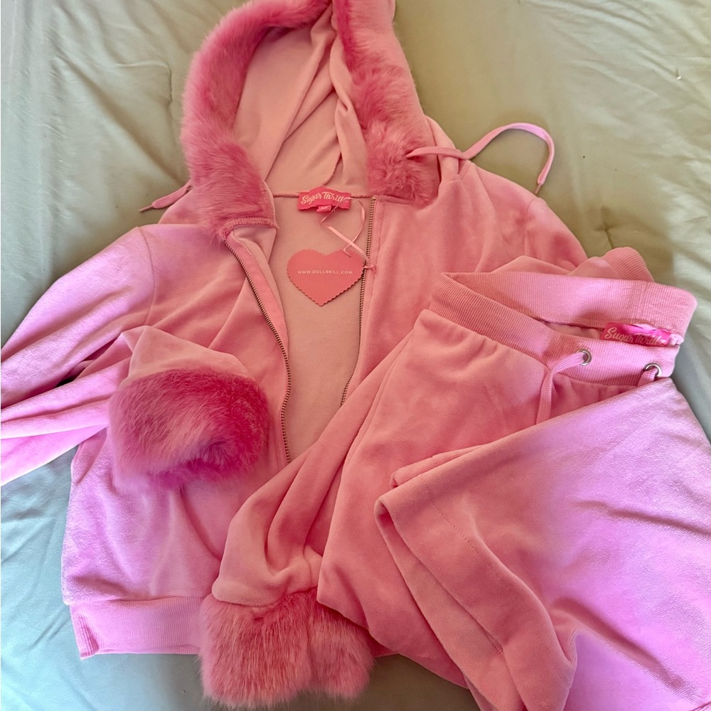 Sugar Thrillz Dolls Kill Pink Furry Velour Zip-Up & Sweats Set